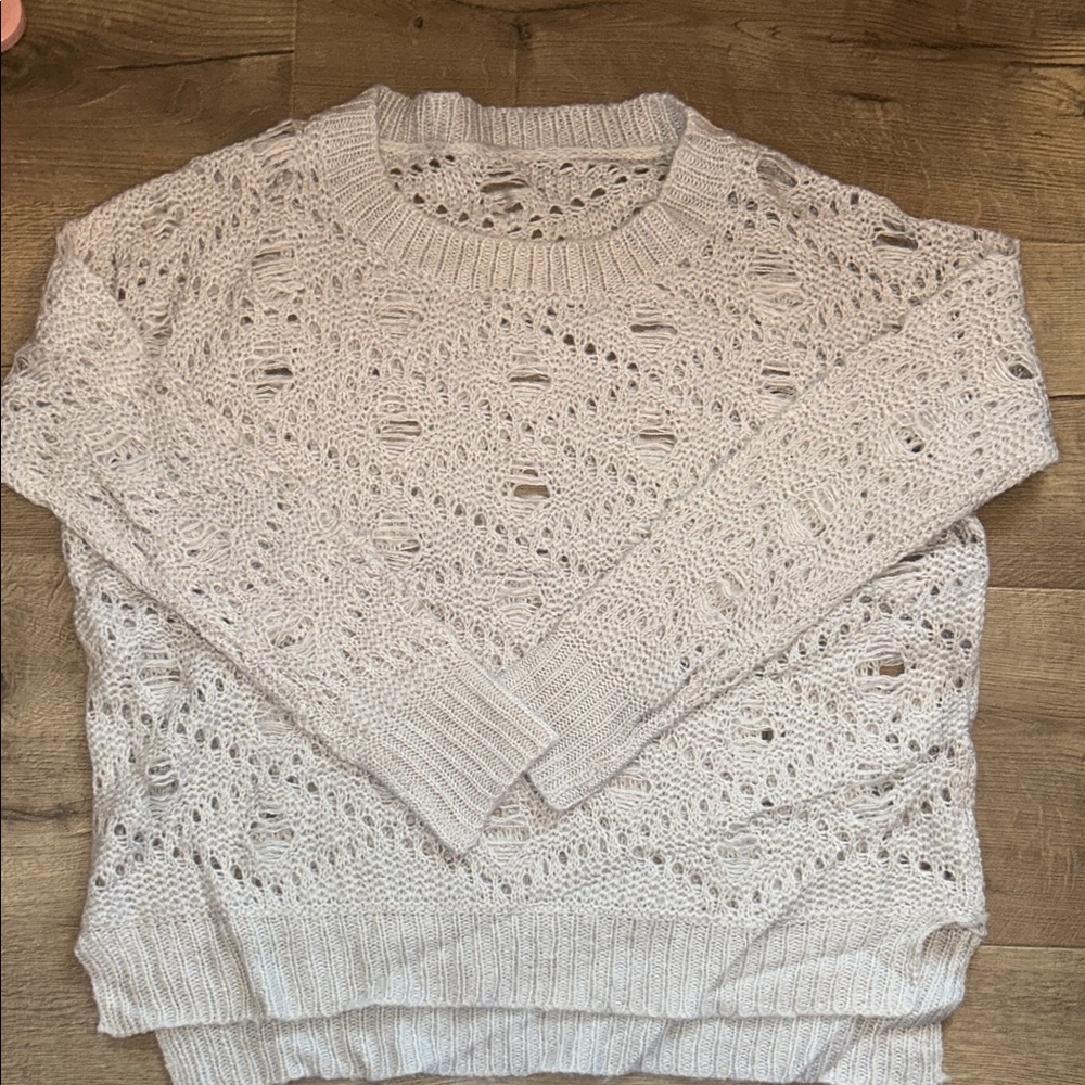 Distressed Open-Knit Crewneck Sweater in Light Beige